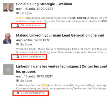 Nombre de participants évènements LinkedIn