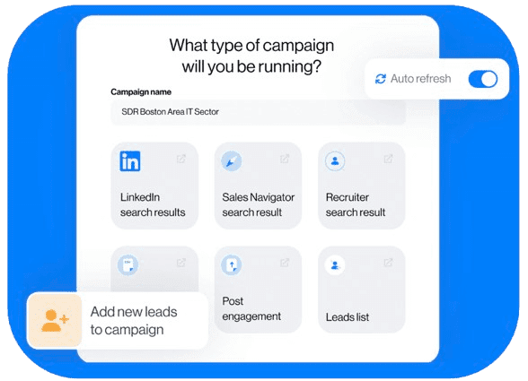Écran Leadin “Quel type de campagne allez-vous effectuer ?” avec 10 sources d’import : LinkedIn, Sales Navigator, Recruteur, posts, events, listes, CSV et API.