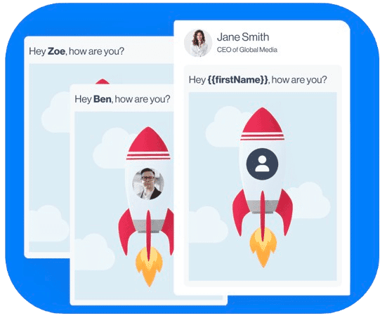 Visuel Leadin avec une fusée et des variables personnalisées : photo du prospect, logo d’entreprise et texte dynamique appliqués à chaque image ou GIF.