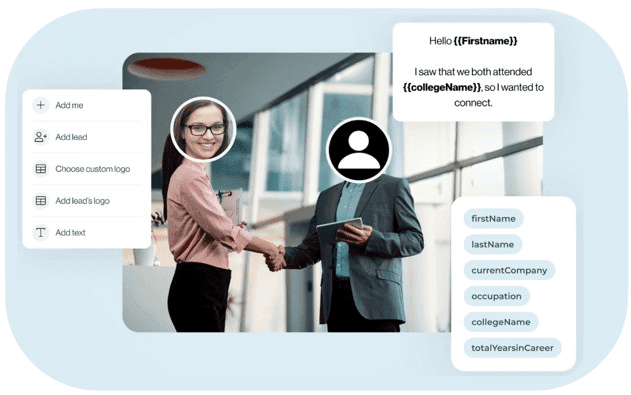 Deux personnes se serrant la main ; leurs visages sont remplacés par des variables dynamiques affichant la photo de profil des prospects dans Leadin.