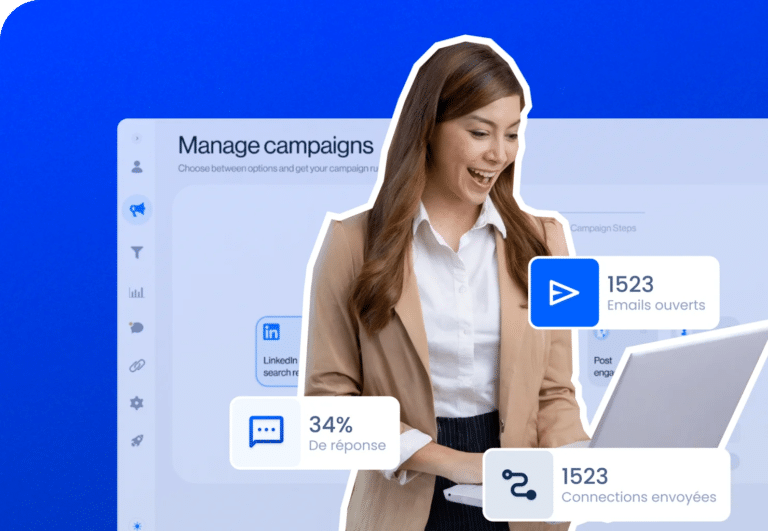 Woman using laptop with campaign stats and blue-themed management interface in the background.