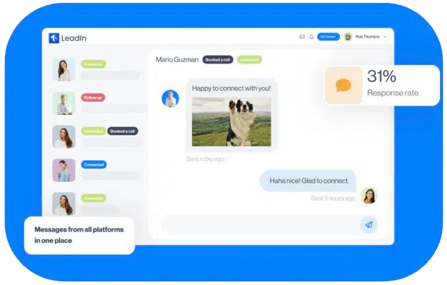 Boîte de réception intelligente Leadin centralisant emails, suivis et messages, avec modèles de réponse et étiquettes pour prioriser les leads.