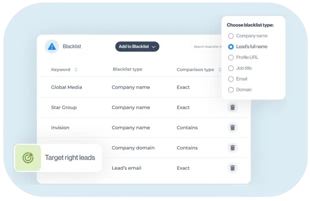 Interface Leadin permettant d’ajouter un email ou un domaine en blacklist pour exclure un prospect de toutes les campagnes de l’équipe.