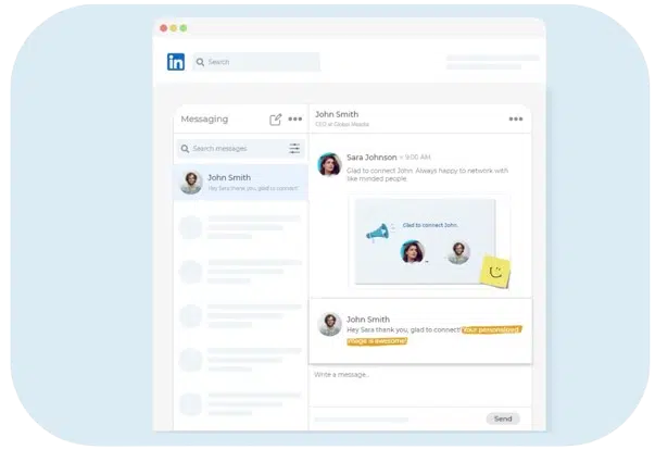 Échange LinkedIn affichant un message de prospection avec image ou GIF hyper-personnalisé intégrant la photo de profil, le prénom, le nom et d’autres variables Leadin.