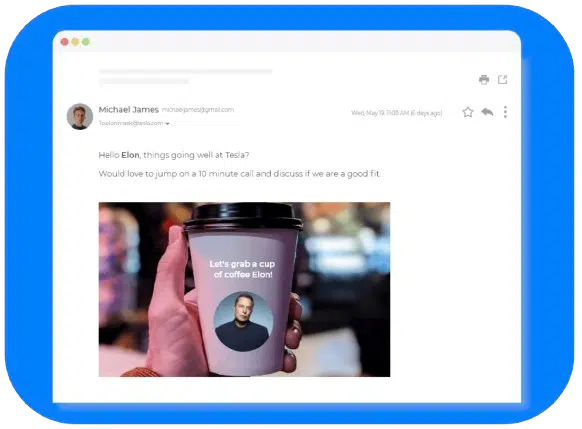 Email affichant une personnalisation visuelle hyper-personnalisée avec variables, destiné à capter l’attention du prospect, utilisable aussi dans les messages LinkedIn.