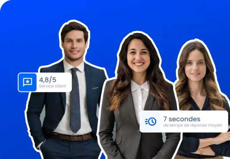 Three people in business attire, customer rating 4.8/5, response time 7 seconds, blue background.
