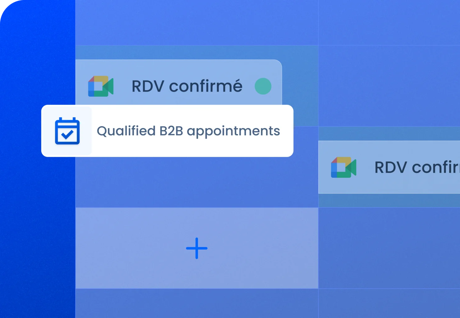 Digital calendar interface with "Qualified B2B appointments" and "booked meeting" notification.